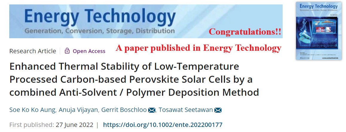 A paper accepted in Energy Technology (2022)