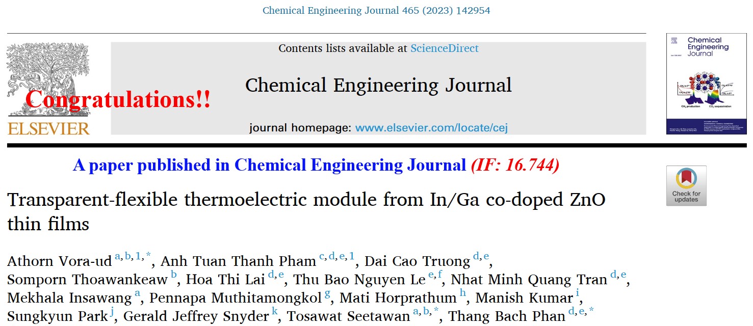 A paper published in Chemical Engineering Journal 2023 (New high impact factor for SNRU)
